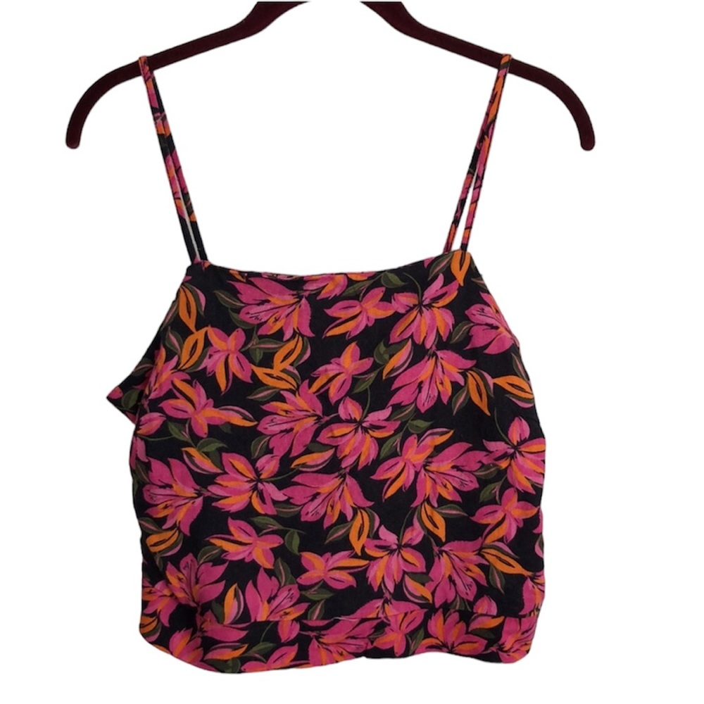 NEW KENSIE linen viscose blend tropical Pink floral print crop top size Large
